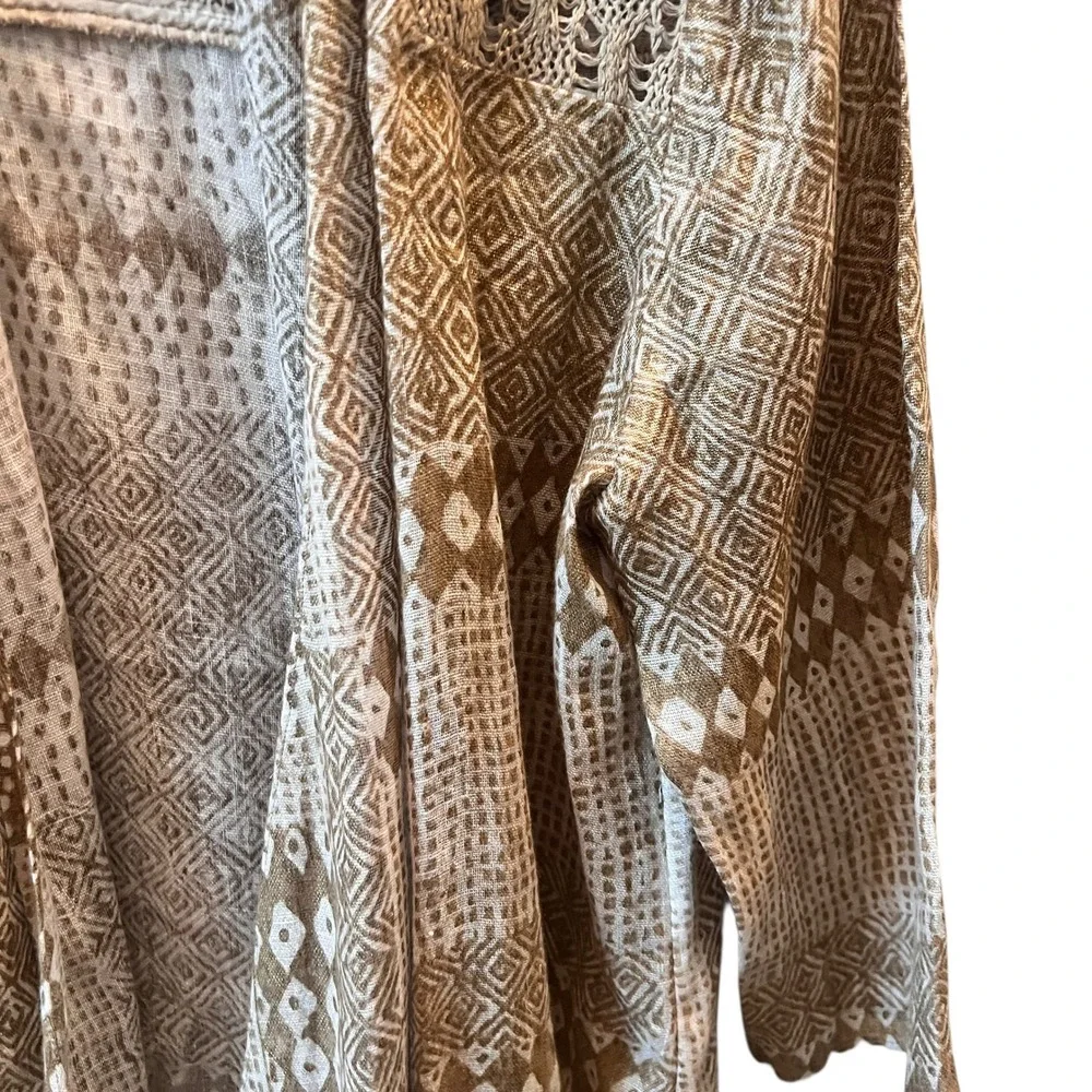 Chicos Linen Open Front Cardigan Tan Size 2 (L/XL) Kimono Boho Lagenlook Relaxed